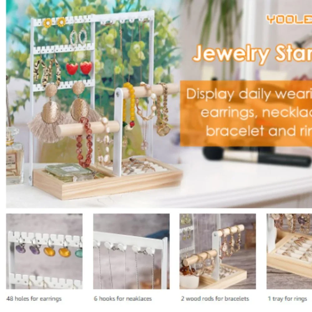 4-Tier Earring Holders & Necklace Towers - Jewelry Organizer w/ Velvet Ring Tray